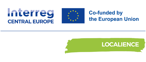Das Projekt-Logo besteht aus den beiden jeweils zweizeilig geschriebenen Texten „Interreg Central Europe“ sowie „Co-funded by the European Union. Zwischen den beiden Texten befindet sich die EU-Flagge, die aus einem blauen Rechteck besteht. In diesem Rechteck sind 12 Sterne in einem Kreis angeordnet. Unter den Texten und der EU-Flagge befindet sich ein blauer Strich. Rechts unten ist eine grüne Fläche zu sehen in der das Projekt Akronym LOCALIENCE steht.