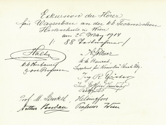 Seite aus dem ersten Tagebuch der Versuchsanstalt mit dem Eintrag vom 25. März 1914 mit den Unterschriften von sechs Personen.