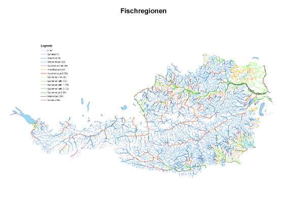 This screenshot shows Austria-wide fish regions in different colors.