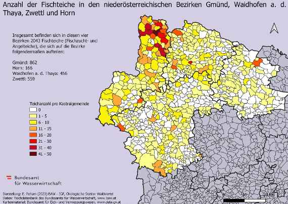Map showing the number and location of fish ponds (ponds dedicated to fish farming or as fishing ponds) in the districts of Gmünd, Waidhofen an der Thaya, Zwettl and Horn Landkarte mit einer Darstellung der Anzahl und Lage der Fischteiche, welche zur Fischzucht oder als Angelteiche gewidmet sind, in den Bezirken Gmünd, Waidhofen an der Thaya, Zwettl und Horn